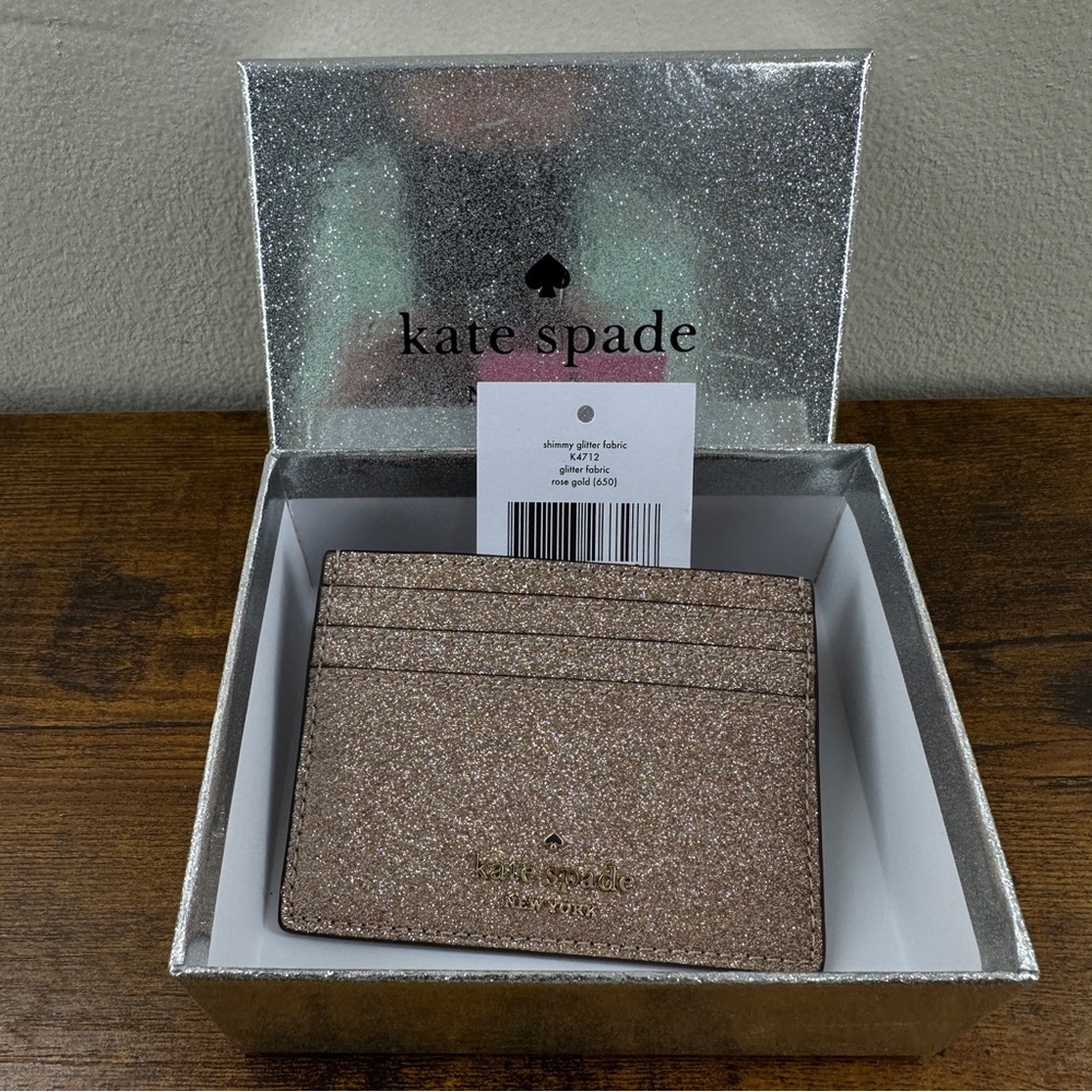 NWT Kate Spade Shimmy Glitter Boxed Small Slim Card Holder - Rose Gold